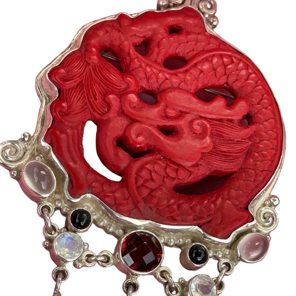 RARE Sajen 925 Sterling silver brooch pendant Garnet cinnabar moonstone - Picture 5 of 8
